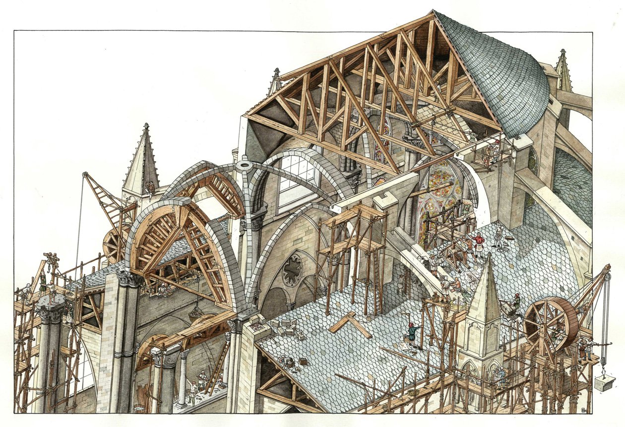 Arte gótico: reconstrucción de la obra de construcción de una catedral gótica, los obreros subidos en andamios utilizan poleas. Siglo XIII Ilustración de Giorgio Albertini. (La utilización de las obras de este autor no está sujeta a una solicitud de autori de Giorgio Albertini