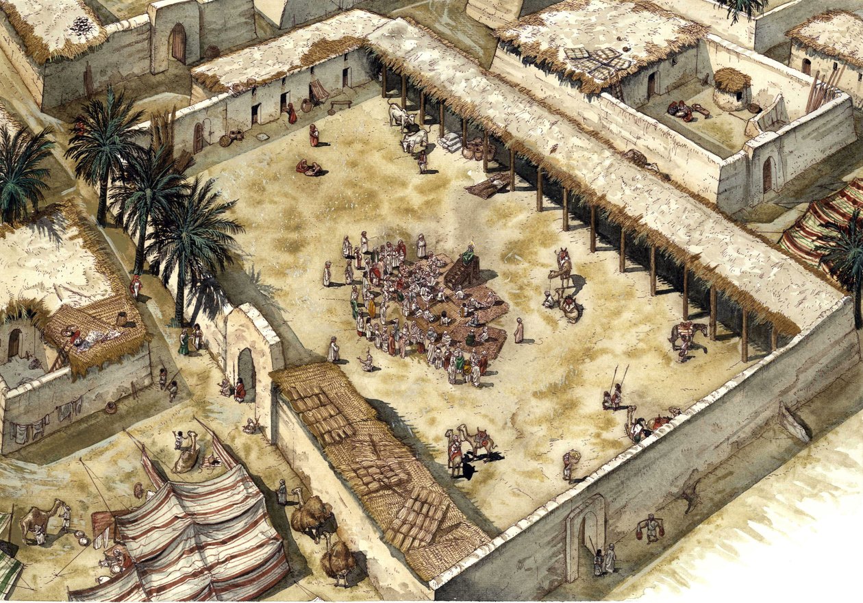 Islam: La casa del Profeta Muhammad (570-632) tras su llegada a Medine en 622, acompañó a los primeros musulmanes (Hégira), Arabia Saudí Se ve al profeta con el rostro cubierto. Ilustración de Giorgio Albertini. (El uso del de Giorgio Albertini