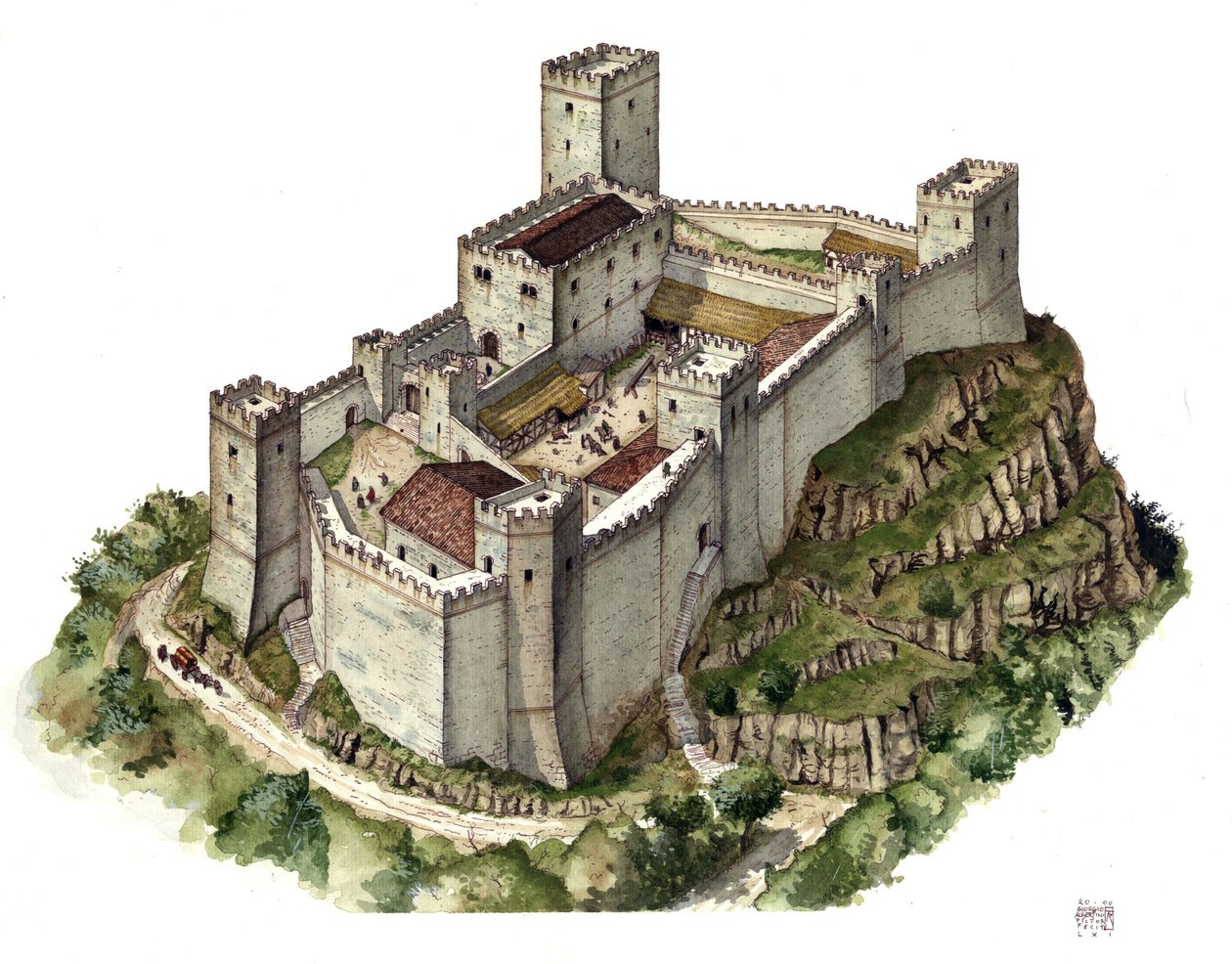 Arquitectura medieval: reconstrucción del castillo de Canossa en el siglo XI, en la época en que se refugiaron la condesa Matilde de Canossa (o condesa Matilde de Toscana) (1046 - 1115) y el papa Gregorio VII (1015/20 - 1085). Italia Ilustración de Gior de Giorgio Albertini