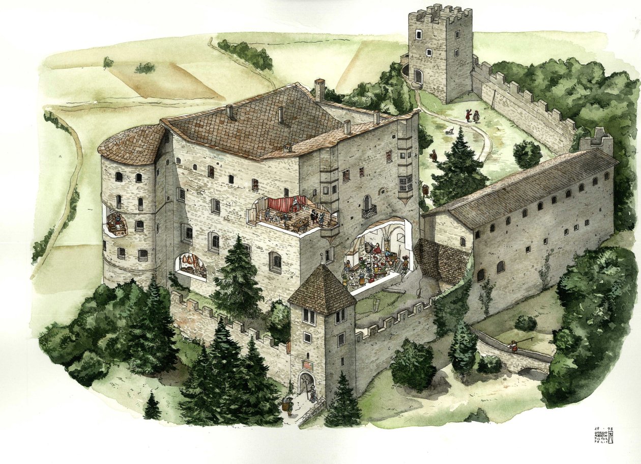 Arquitectura medieval: vista del castillo de Pergine, con cortes que permiten ver la vida de los habitantes en las habitaciones del castillo en el siglo XVI. Pergine Valsugana, Trento, Italia Ilustración de Giorgio Albertini. (El uso de las obras de este a de Giorgio Albertini