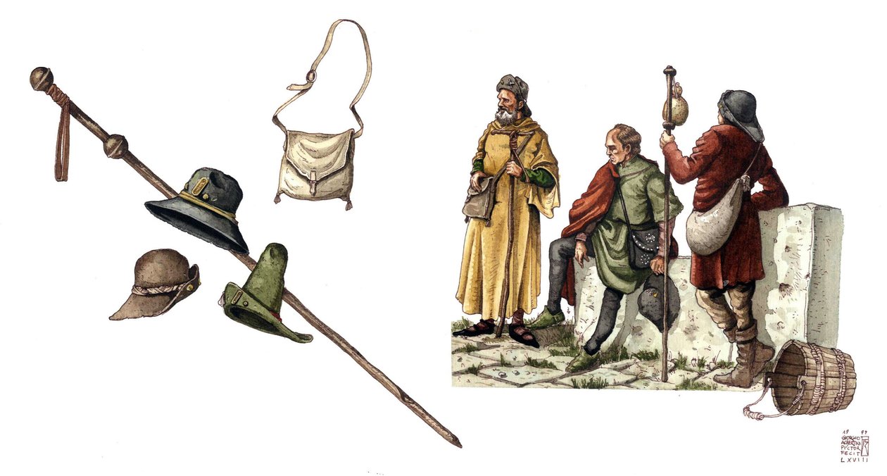 Moda medieval: traje pelerino entre los siglos XII y XIV, bolso, sombreros, bastón, túnicas. de Giorgio Albertini