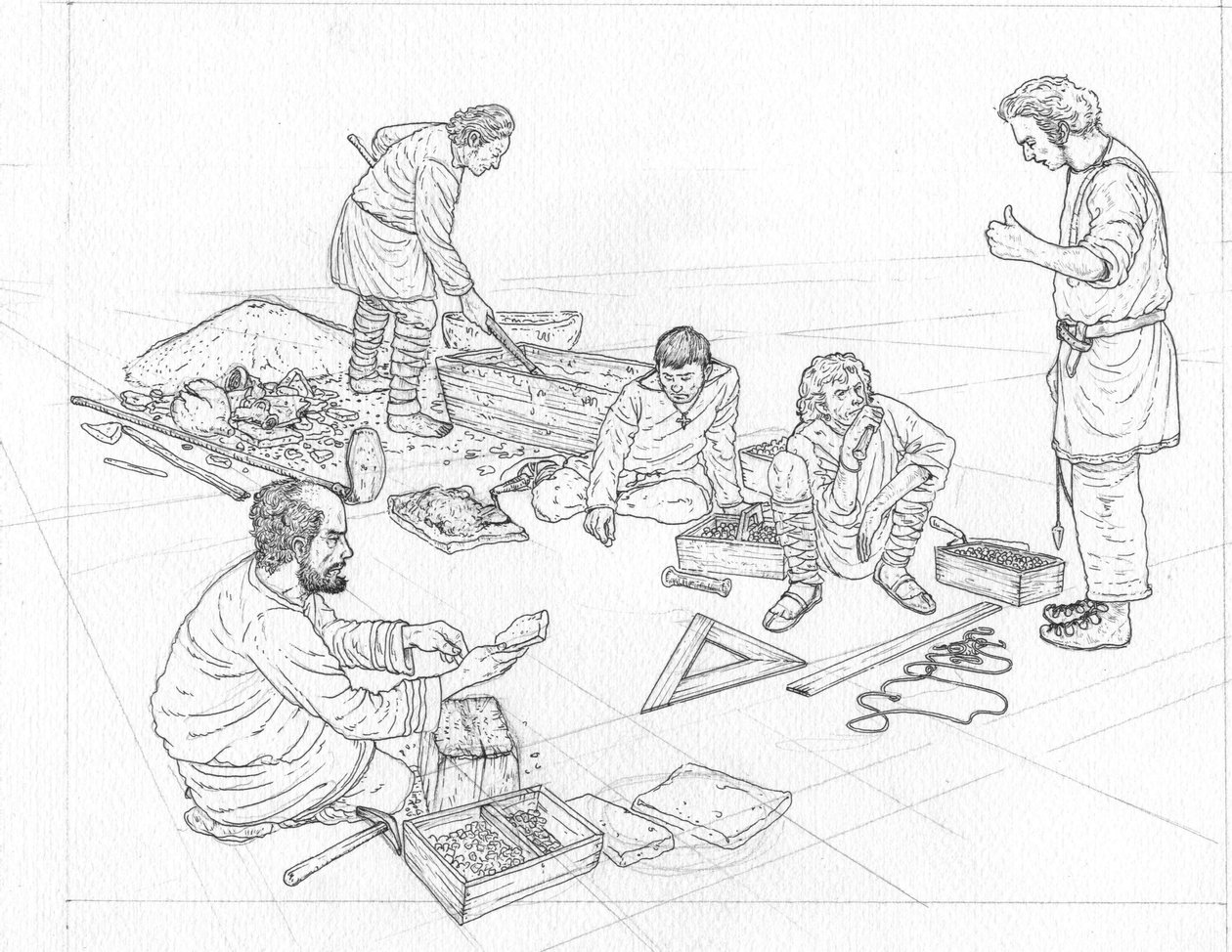 Edad Media: Artesanos mosaicos trabajando en las obras de construcción de iglesias bizantinas en Rávena, siglo VI. de Giorgio Albertini