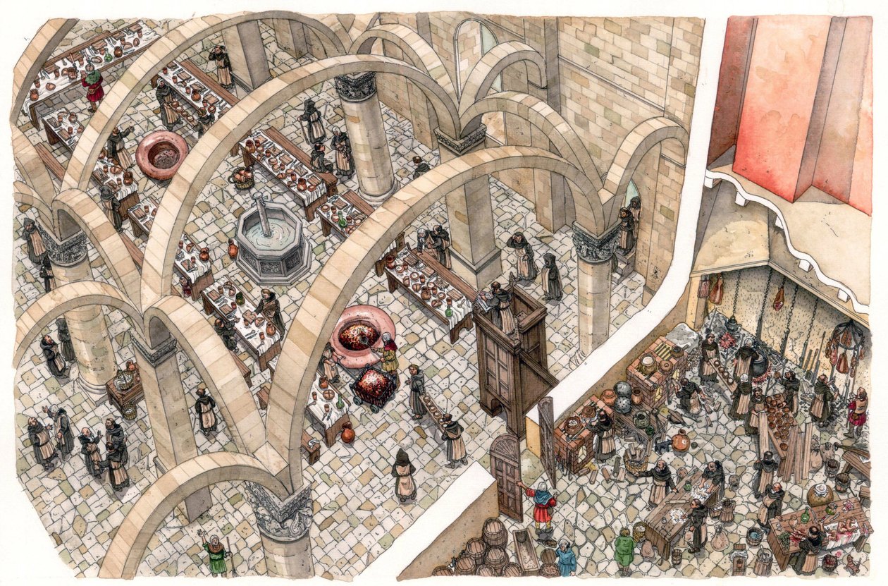 Edad Media: refectorio y cocina en un monasterio. Trabajo religioso para preparar las comidas de la comunidad. Siglos XII o XIII de Giorgio Albertini