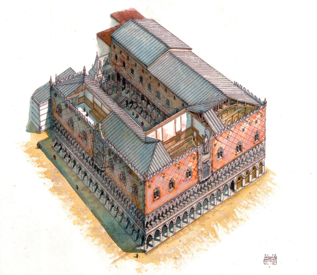 Edad Media: vista aérea y sección arquitectónica del Palacio Ducal (o Palacio Ducal o Palazzo Ducale) en la Plaza de San Marcos de Venecia en el siglo XV. Italia de Giorgio Albertini