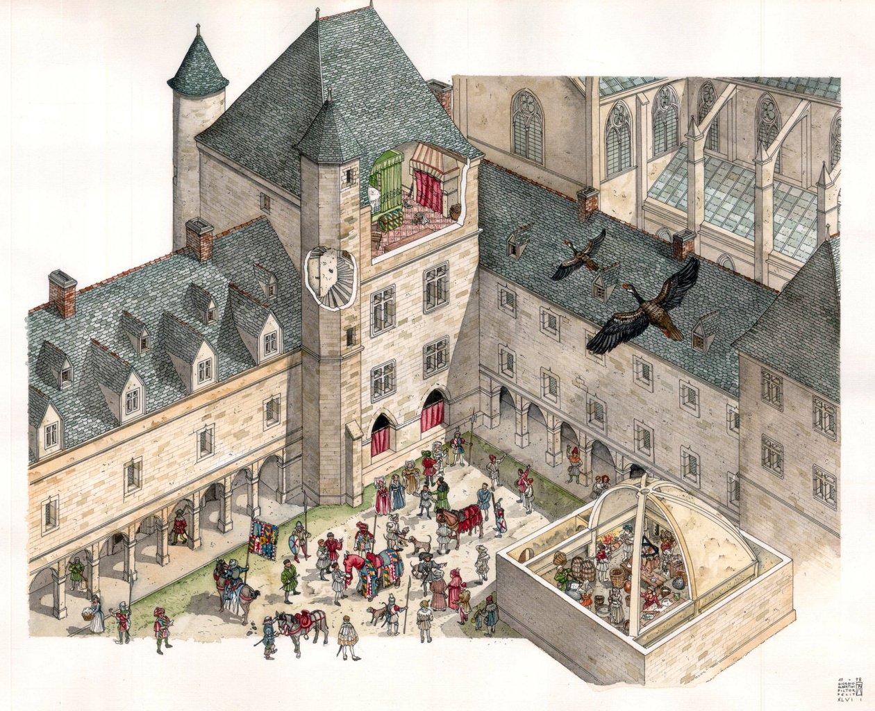 Edad Media: vista aérea del Palacio de los Duques de Borgoña en Dijon (Costa de Oro) en el siglo XV. Se ven las cocinas del palacio, en el patio, de los caballeros con sus monturas. de Giorgio Albertini