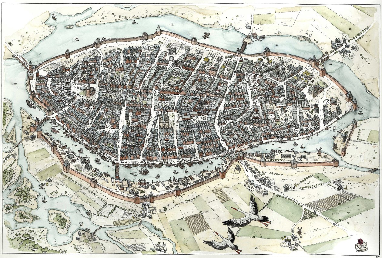 Edad Media: vista aérea de la ciudad de Lubeck en Alemania con callejero, mostrando su posición geográfica en una isla en la confluencia de los ríos Wakenitz y Trave. Siglo XV. Alemania Ilustración de Giorgio Albertini. (El uso de la w de Giorgio Albertini