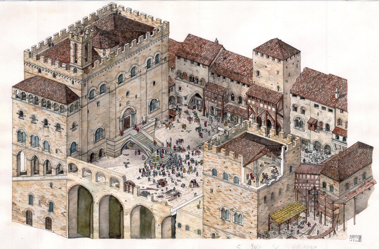 Edad Media: vista aérea de la plaza central de la ciudad de Gubbio (Umbría) en Italia en el siglo XIV. El Palacio de los Cónsules es visible a la izquierda. de Giorgio Albertini