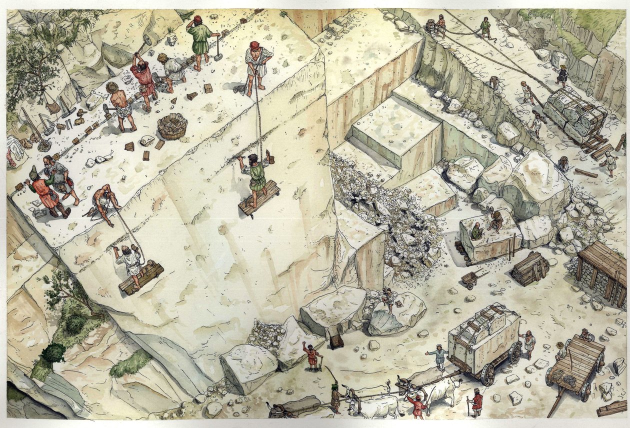 Edad Media: vista aérea que representa a obreros trabajando en las canteras de mármol de Carrara (Carrara) en el siglo XV. Se representan los diferentes pasos, extracción, tamaño del bloque, transporte. Italia Ilustración de Giorgio Albertini. (El uso de l de Giorgio Albertini