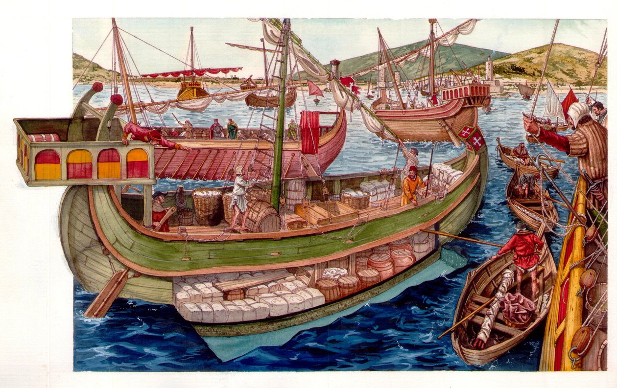 Edad Media: actividades comerciales, carga de barcos, en el puerto de la ciudad de Pisa. Italia siglo XIII de Giorgio Albertini