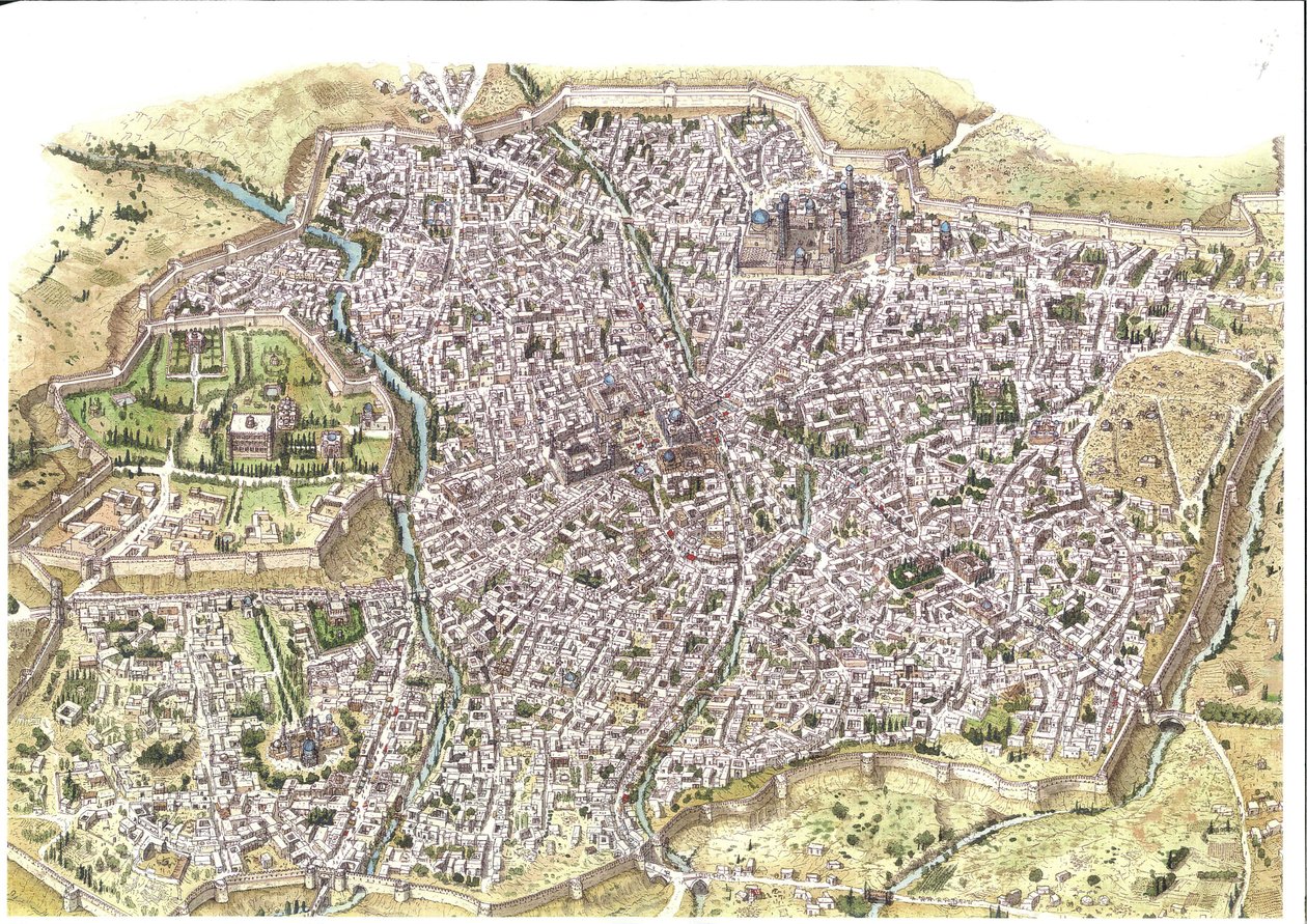 Edad Media: vista aérea detallada de la ciudad de Samarcanda (Samarkanda), se ven las murallas, en Uzbekistán en la época de la dinastía mongola chaybánida. 1450 alrededor de Asia Central. Ilustración de Giorgio Albertini. (El uso de las obras de este auto de Giorgio Albertini
