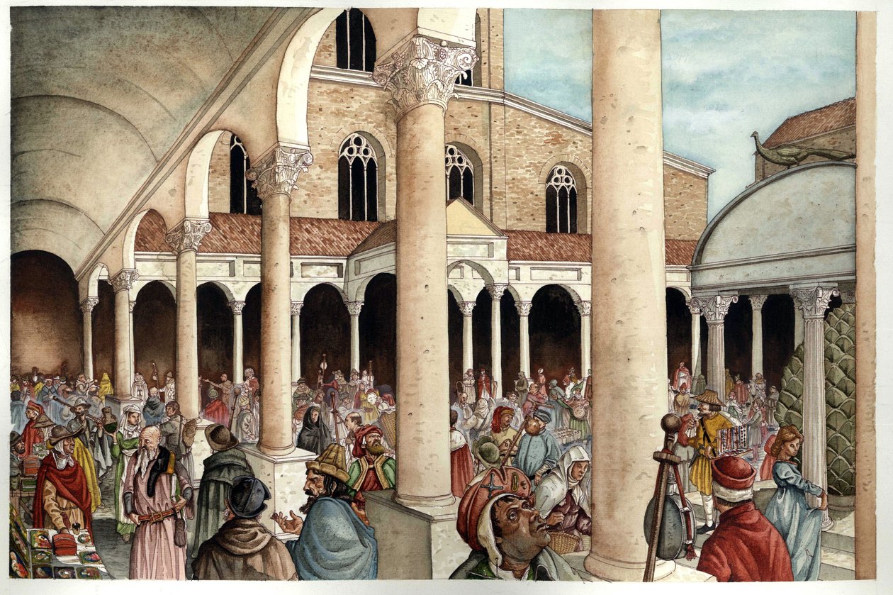 Edad Media: fideles, pelerins, comerciantes y romanos representados en el siglo XIII en el peristilo (entrada) de la antigua Basílica de San Pedro de Roma (San Pedro o Basílica de San Pedro o Basílica de Constantino) que data del Imperio Romano, Roma de Giorgio Albertini