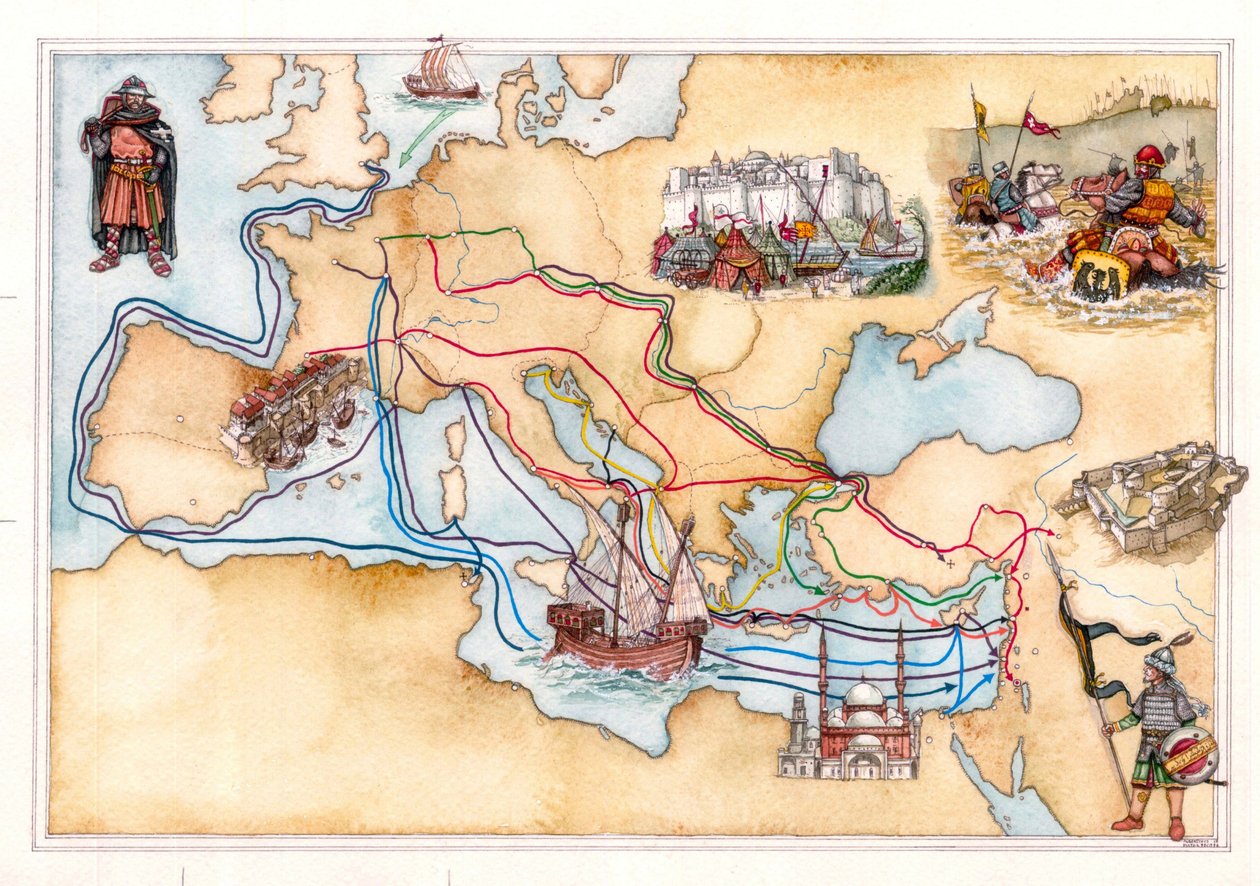 Edad Media: mapa de Europa y Oriente Próximo que muestra las rutas terrestres y marítimas utilizadas por las Cruzadas durante las distintas cruzadas de Giorgio Albertini