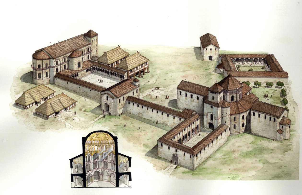 Edad Media: vista general y sección transversal reconstruyendo el palacio de Carlomagno (ca. 742-814) realizado por el arquitecto Eudes de Metz hacia 794 en Aquisgrán (Aquisgrán) Alemania. Ilustración de Giorgio Albertini. (La utilización de las obras de e de Giorgio Albertini