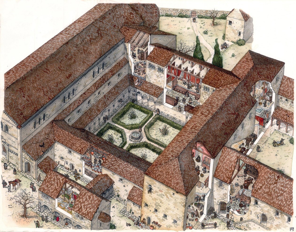 Edad Media: reconstitución de un monasterio y vida de monjas o monjes. Los cortes permiten ver las escenas interiores. Ilustración de Giorgio Albertini. (La utilización de las obras de este autor no está sujeta a la solicitud de autorización de un tercero  de Giorgio Albertini