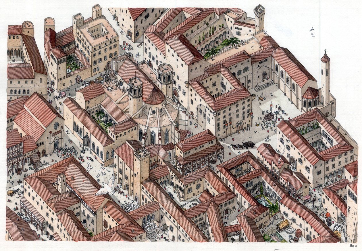 Edad Media: reconstitución del histórico barrio Gótico de Barcelona en el siglo XIV. Se ve la Cathedrale Sainte-Eulalie (Santa Eulalia). España Ilustración de Giorgio Albertini. (El uso de las obras de este autor no está sub de Giorgio Albertini