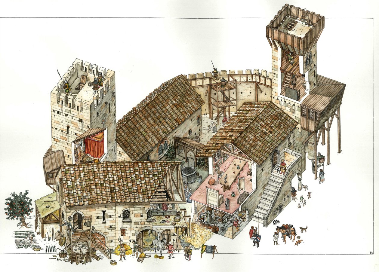 Edad Media: reconstrucción de un castillo de las regiones centrales de Italia en el siglo XIII. Los cortes permiten ver las actividades en el castillo, los soldados colocados para la defensa en las torres. Ilustración de Giorgio Albertini. (El uso de la de Giorgio Albertini