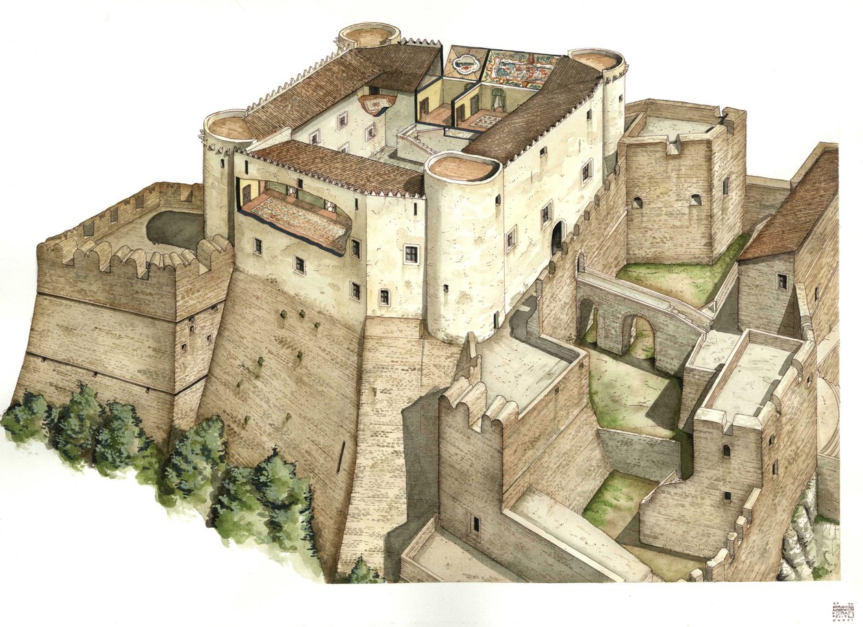 Edad Media: reconstrucción del castillo Santa Severina, construido en el siglo XI, en Catanzaro. Calabria Italia Ilustración de Giorgio Albertini. (La utilización de las obras de este autor no está sujeta a una solicitud de autorización de terceros ni a de Giorgio Albertini