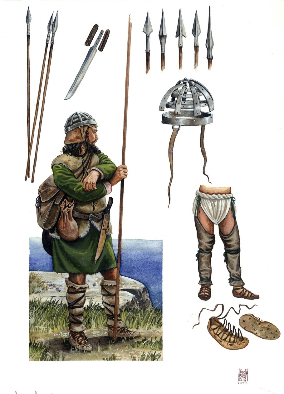 Edad Media: representación de un Almogavra, soldado mercenario del Reino de Aragón Cataluña hacia el siglo XIV: descripción de las armas, y de su traje. de Giorgio Albertini
