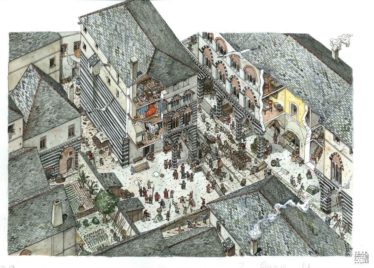 Edad Media: vista de un palacio de la nobleza mercantil (Curia o curia) de Genes en el siglo XV, escenas callejeras, Italia Ilustración de Giorgio Albertini. de Giorgio Albertini