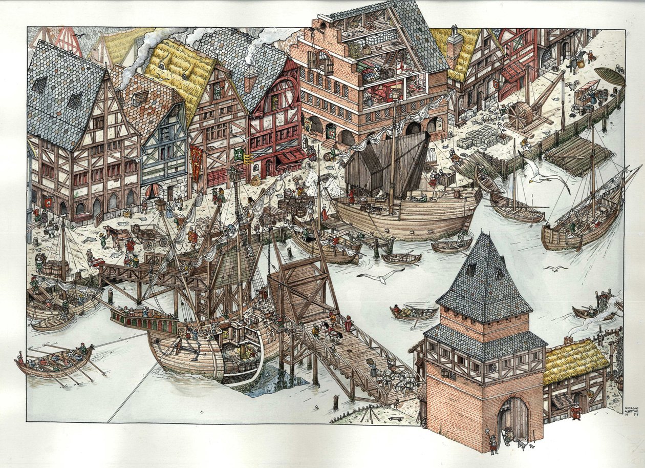 Edad Media: vista de las actividades comerciales en torno al puerto de Lubeck, en el mar Báltico. Siglo XIV. Alemania de Giorgio Albertini