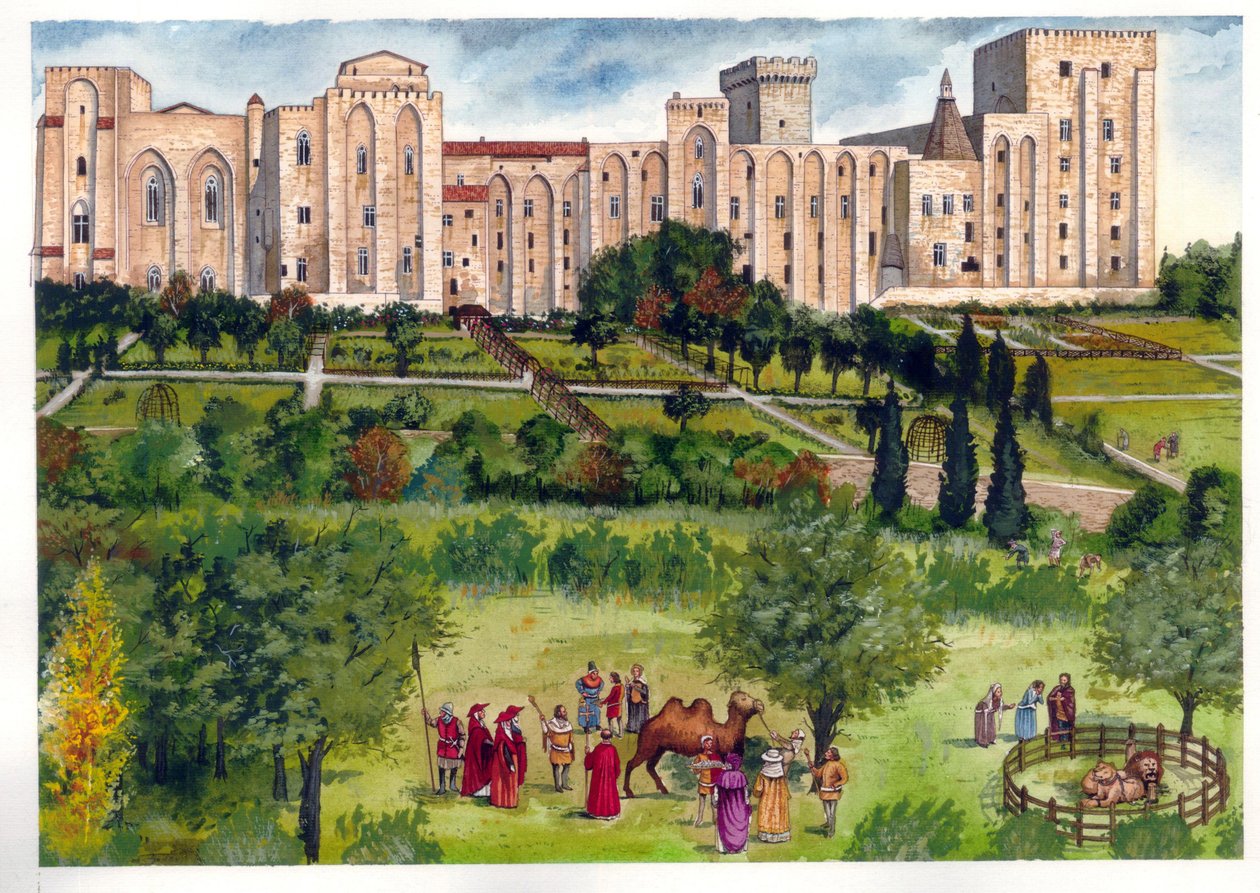 Edad Media: vista del Palacio de los Papas en Aviñón, cuando era la residencia de los Papas. En el jardín, los miembros de la curia pasean para admirar animales exóticos (camellos, leones) Siglo XIV. de Giorgio Albertini