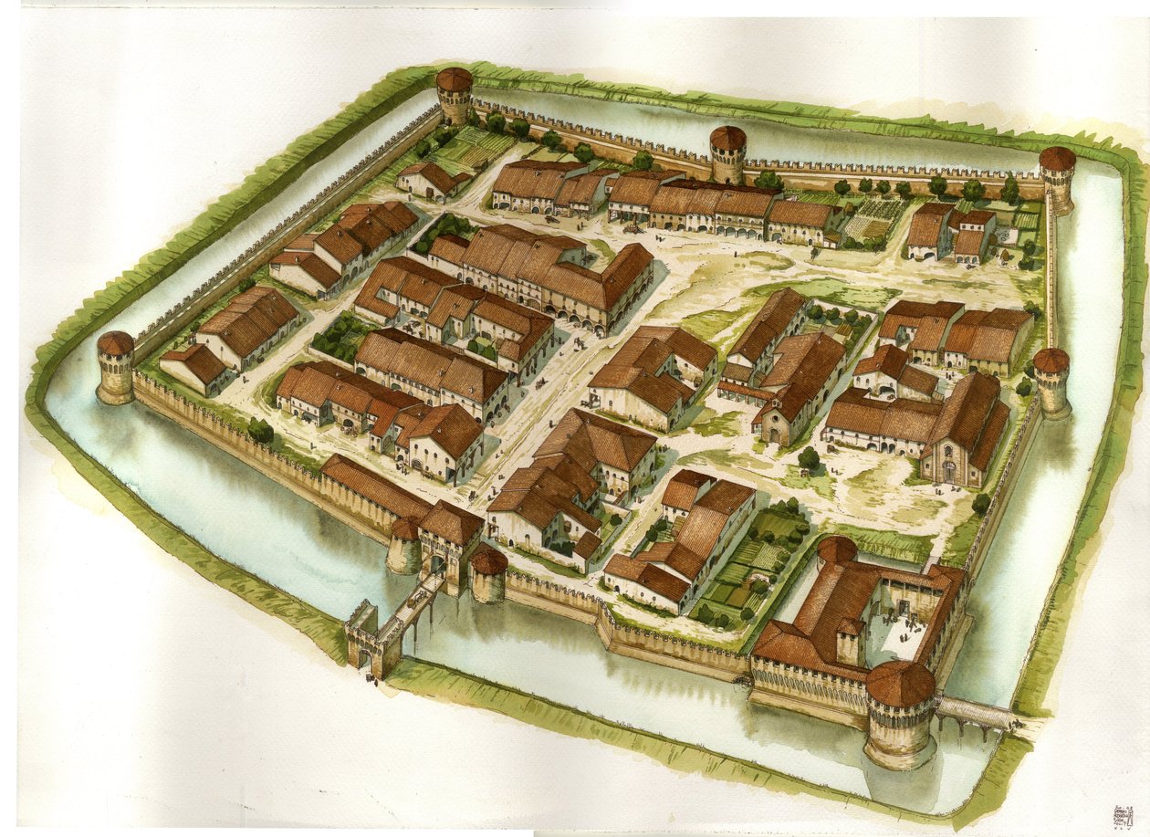 Edad Media: vista de la ciudad fortificada de Bagnara di Romagna a finales del siglo XV. Italia de Giorgio Albertini