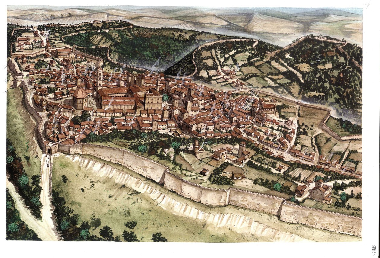 Edad Media: vista de la ciudad medieval de Volterra, rodeada de murallas, en el siglo XIV. Toscana. Italia Ilustración de Giorgio Albertini. (La utilización de las obras de este autor no está sujeta a la solicitud de autorización de un tercero ni a la t de Giorgio Albertini