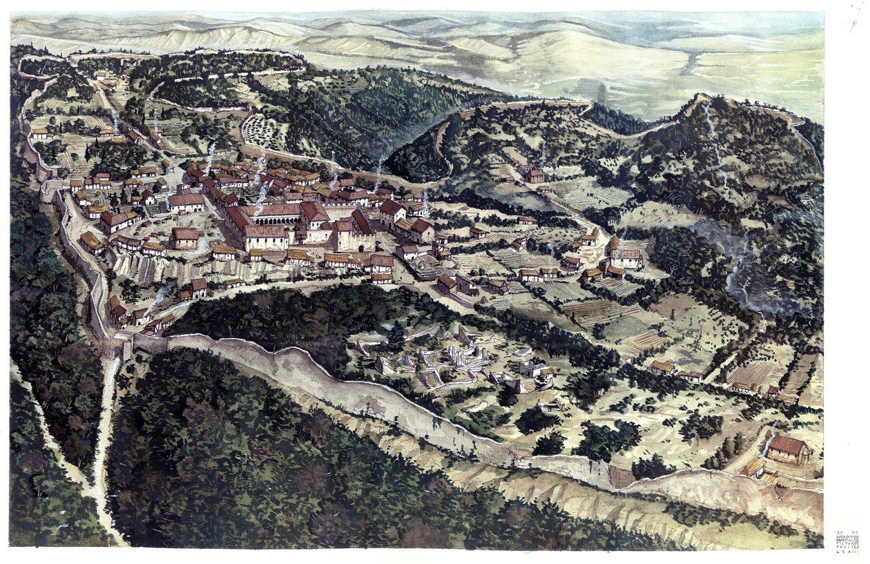 Edad Media: vista de la ciudad medieval de Volterra, rodeada de murallas, en el siglo X. Toscana. Italia Ilustración de Giorgio Albertini. (La utilización de las obras de este autor no está sujeta a la solicitud de autorización de un tercero ni a la t de Giorgio Albertini