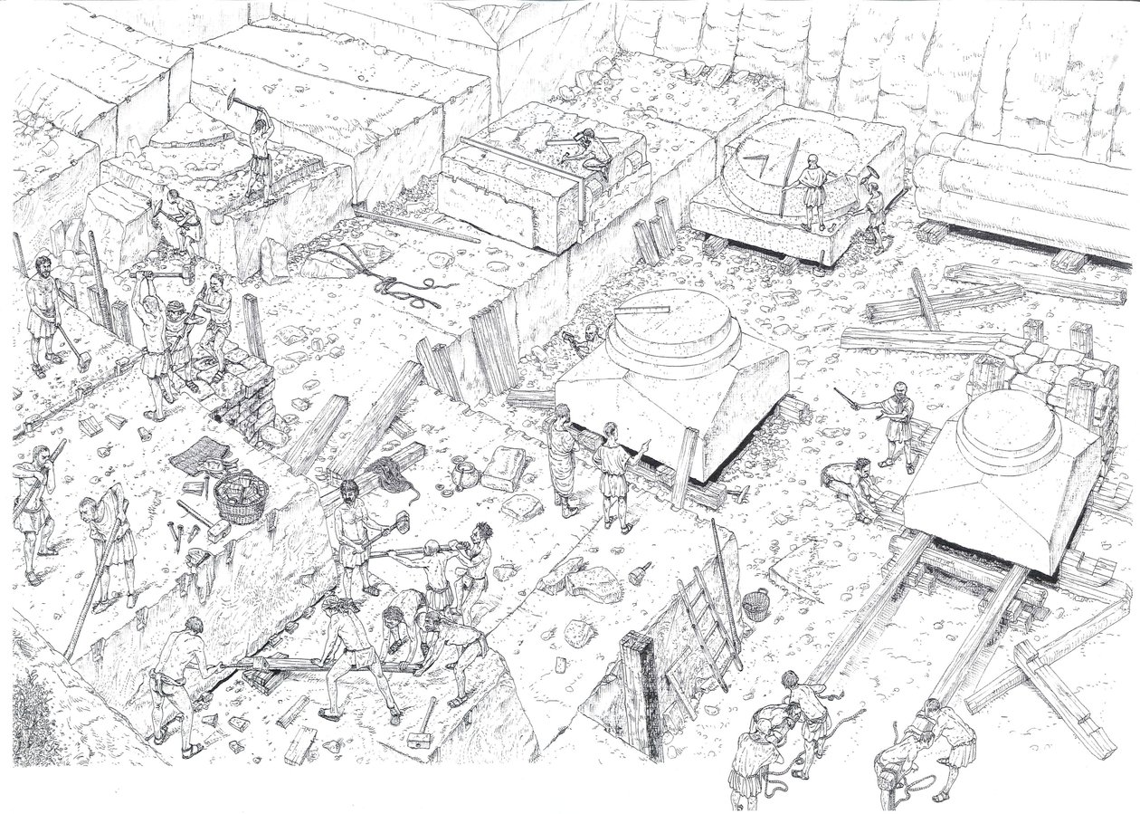 Edad Media: vista que representa a obreros trabajando en las canteras de mármol de Carrara (Carrara) en el siglo XV. Italia Ilustración de Giorgio Albertini. (La utilización de las obras de este autor no está sujeta a la solicitud de autorización de un ter de Giorgio Albertini