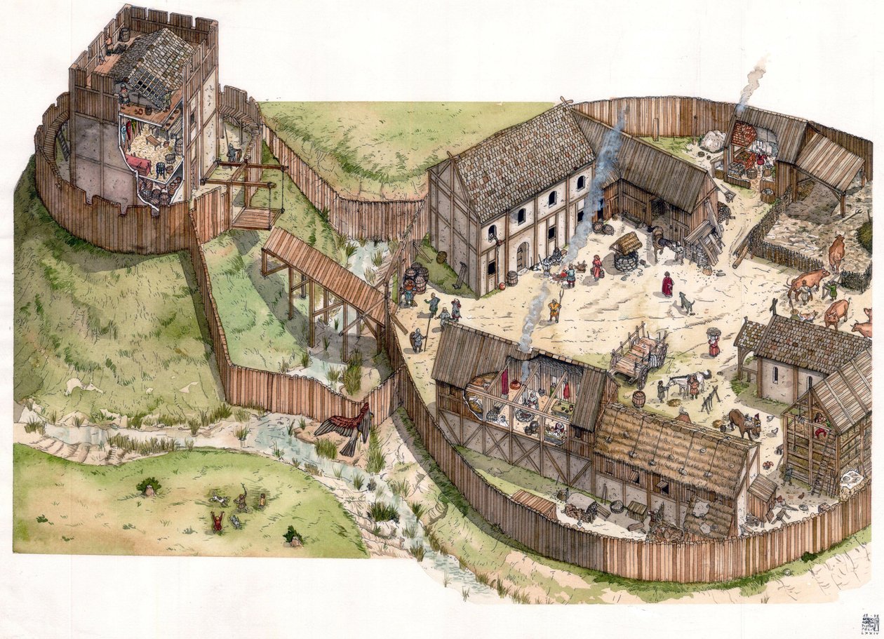 Edad Media: pueblo construido al borde de un río, murallas de madera y una torre fortificada. Siglo XI de Giorgio Albertini