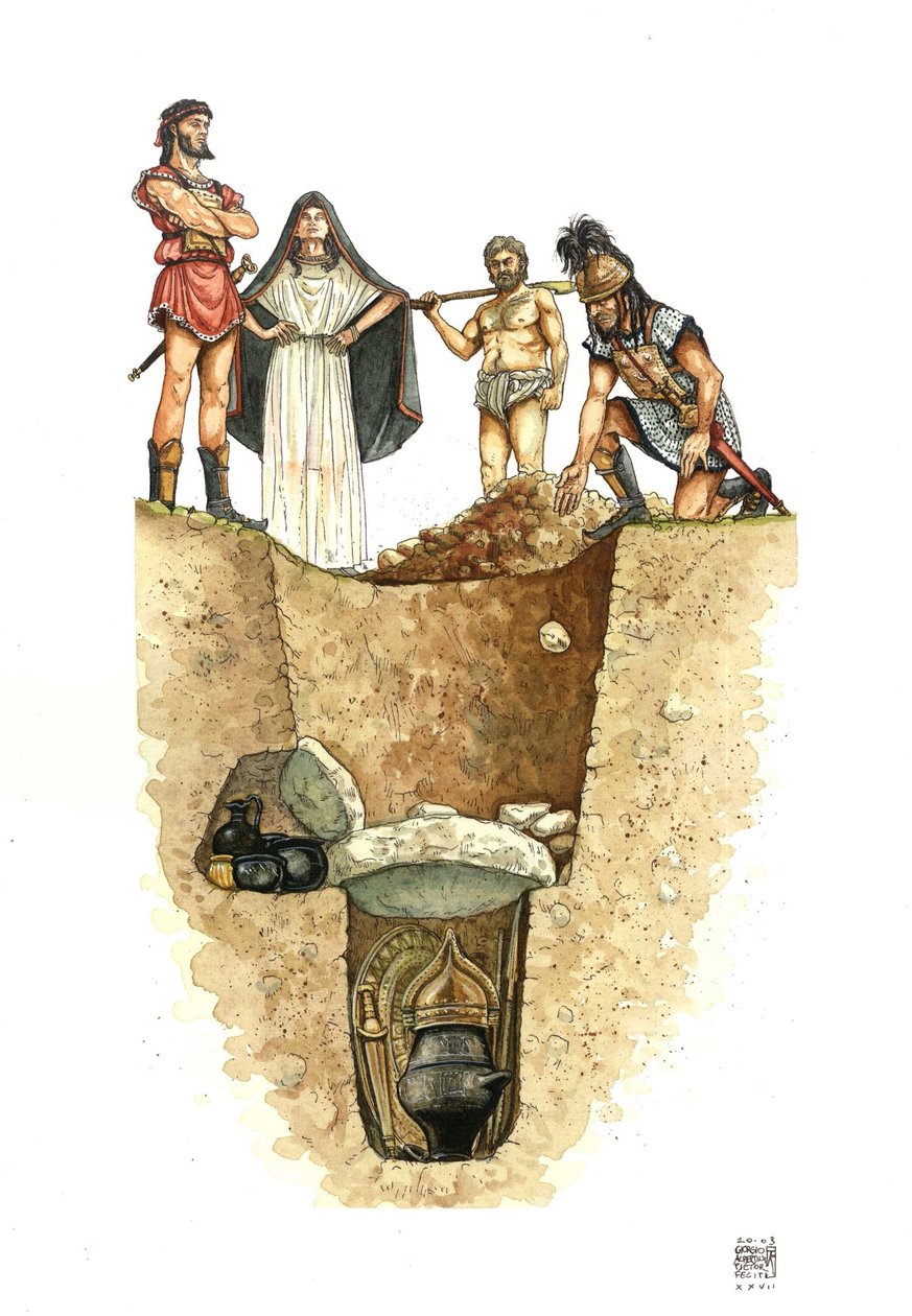 Neolítico: corte de una tumba villanoviana (cultura Villanova), las urnas que contienen las cenizas de los difuntos están enterradas en pozos (campos de boletas), siglo VIII a.C. Etruria, Italia de Giorgio Albertini