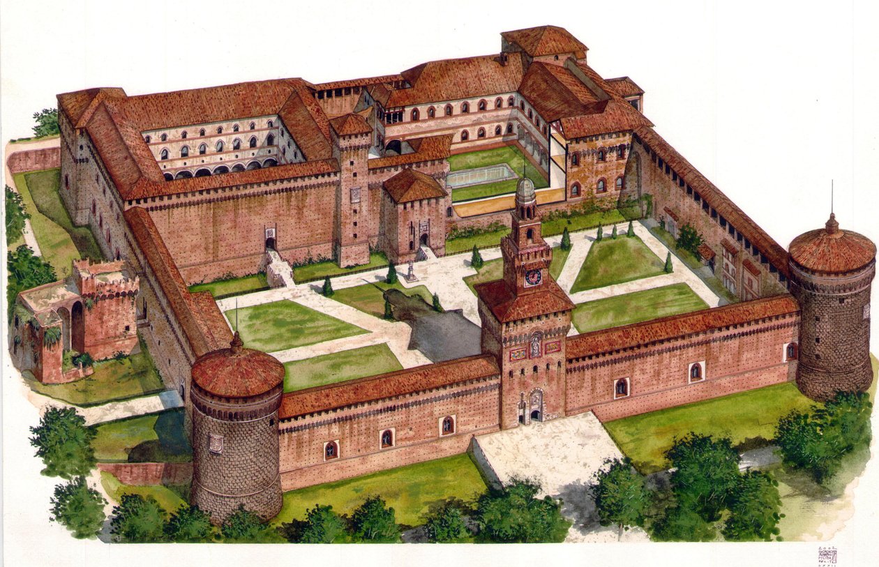 Vista general de la fortaleza de los Sforza (Castello Sforzesco) construida por el duque Francesco Sforza en el siglo XV en Milán, Italia. de Giorgio Albertini