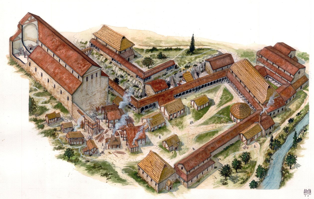 Arte prerromano: vista aérea del monasterio benedictino de San Vicente de Volturne (Abbadia di San Vincenzo al Volturno) fundado en el siglo VIII. Castel san Vincenzo, Italia Ilustración de Giorgio Albertini. (El uso de la obra de este autor de Giorgio Albertini