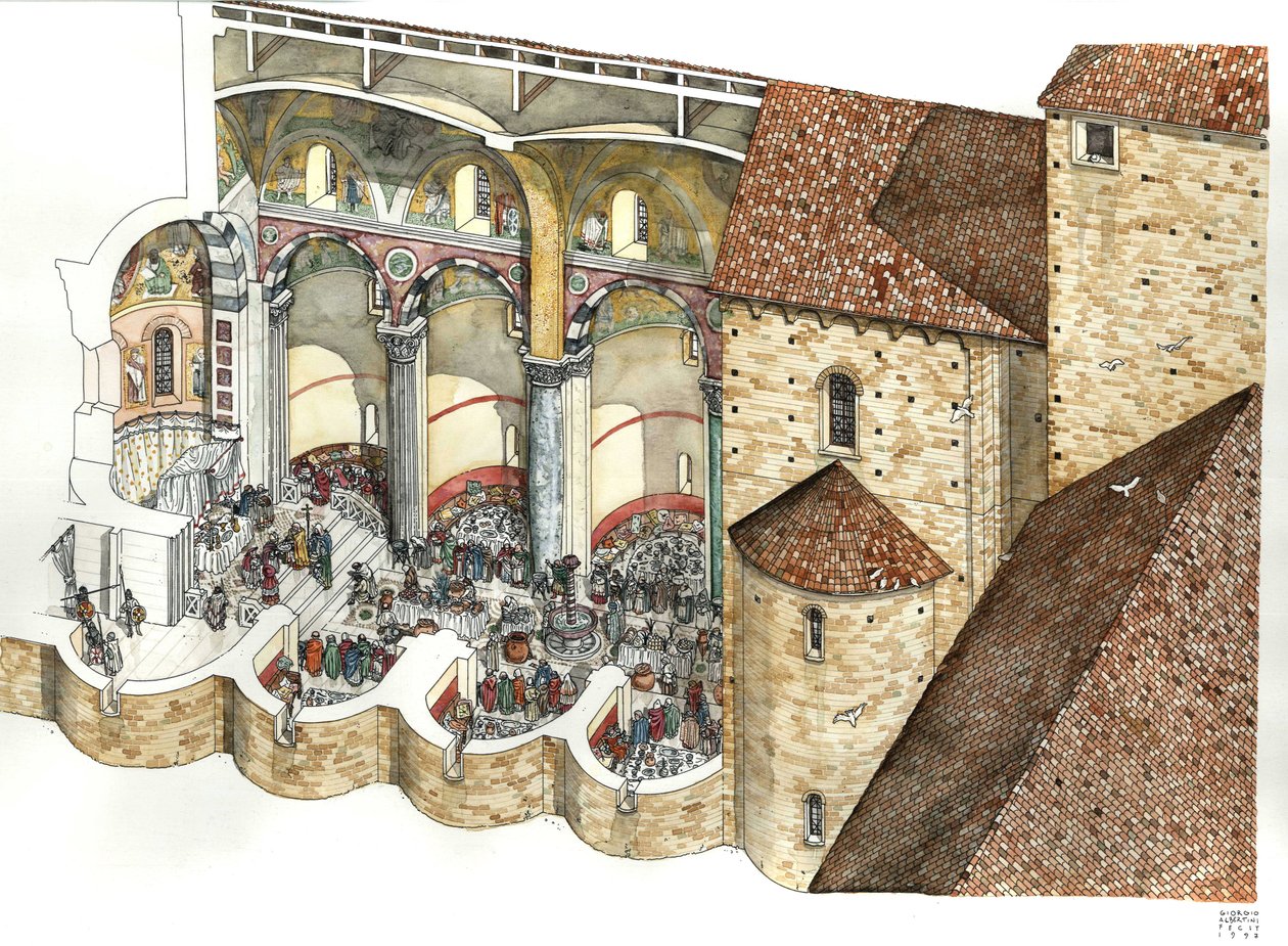Reconstitución de la Basílica de San Juan de Letrán (San Juan de Letrán o San Giovanni in Laterano) en el siglo VIII: la copa arquitectónica permite ver el triclinio y la ceremonia de investidura de un Papa. Roma de Giorgio Albertini
