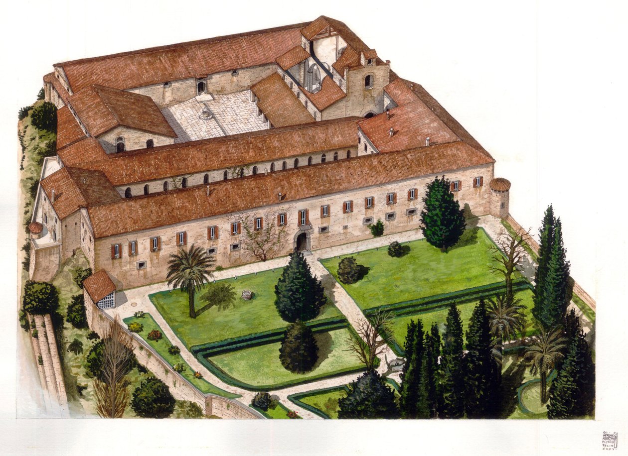 Reconstrucción del castillo Nelson (Ducea Nelson), construido en 1173, que Fernando III de Sicilia ofreció al almirante Horatio Nelson en 1799, en Bronte, cerca de Catania, en Sicilia, Italia Ilustración de Giorgio Albertini. (El uso de las obras de este a de Giorgio Albertini