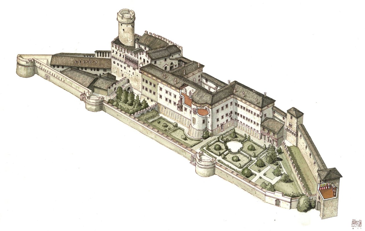 Reconstrucción del castillo de Buonconsiglio, antigua residencia de los príncipes eveques de Trento. Italia Ilustración de Giorgio Albertini. (La utilización de las obras de este autor no está sujeta a la solicitud de autorización de terceros ni al pago de de Giorgio Albertini
