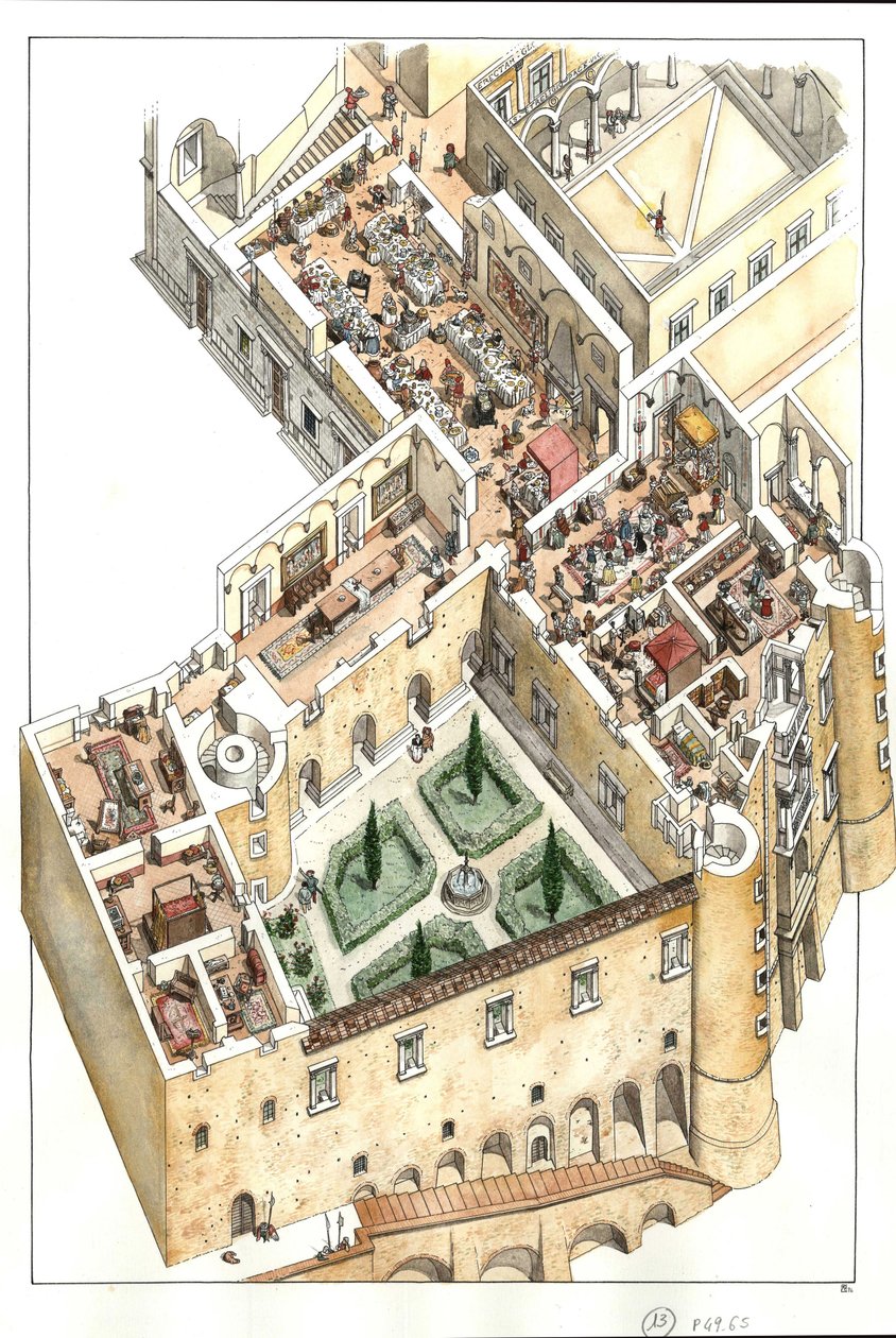 Reconstrucción de la planta noble del Palacio Ducal de Urbino, Italia. Fue construido por el duque Federico da Montefeltro (Federico de Montefeltre, duque de Urbino) en el siglo XV. de Giorgio Albertini