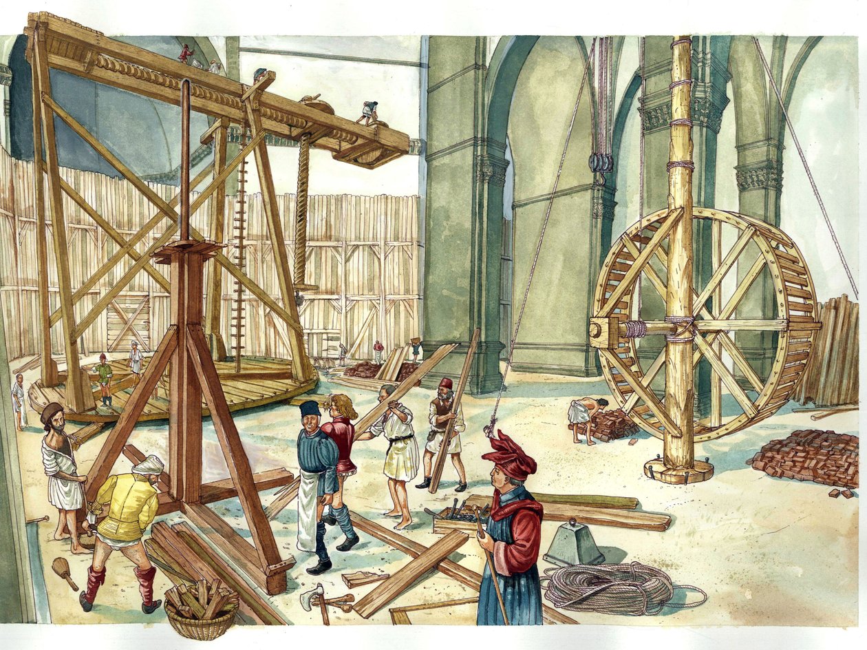 Renacimiento: reconstrucción de la obra de construcción de la cúpula de la iglesia de Santa Maria del Fiore (Duomo) sobre los planos del arquitecto Filippo Brunelleschi. 1436. Florencia Italia Ilustración de Giorgio Albertini. (El uso de las obras de este  de Giorgio Albertini