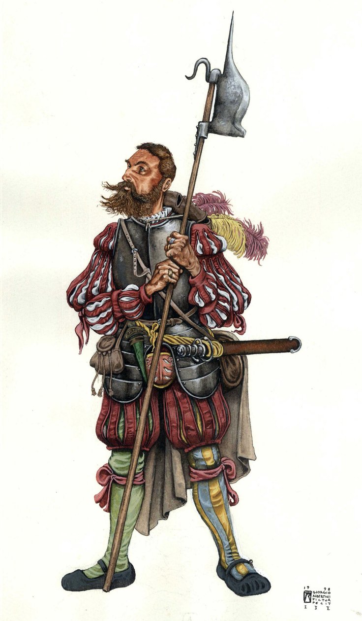Representación de un Lansquenet (Lanzknecht), mercenario alemán, al servicio de un señor. Siglo XVI de Giorgio Albertini