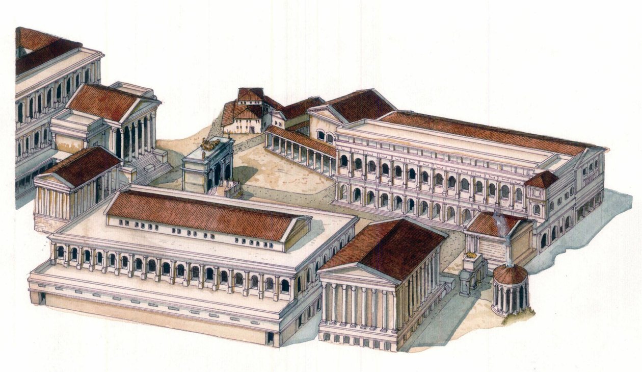 Antigüedad romana: reconstitución del foro romano en tiempos del emperador Augusto (Cayo Julio César Octavio Augusto) (63 a.C.-14 d.C.). de Giorgio Albertini