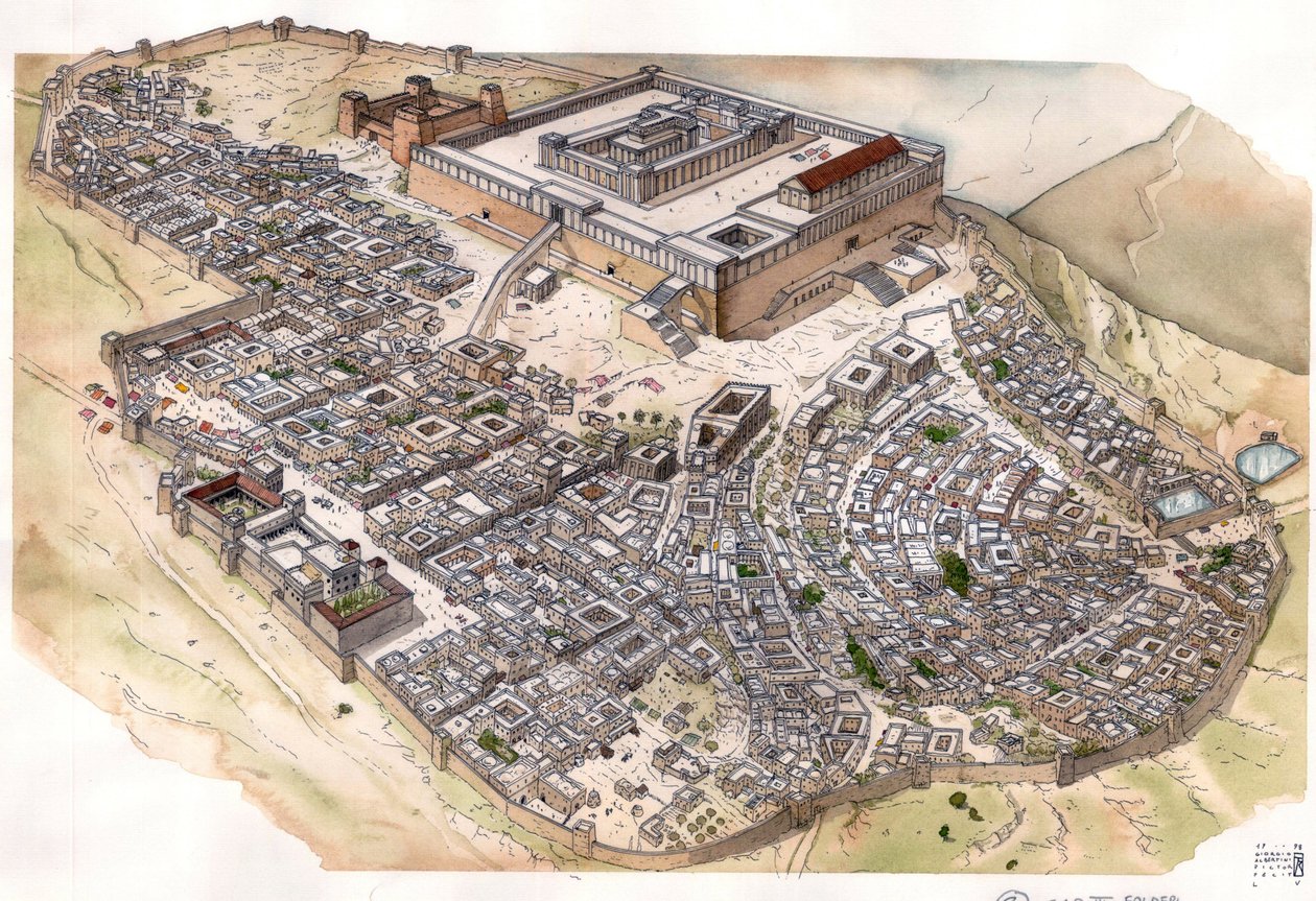 Antigüedad romana: reconstitución de la ciudad de Jerusalén, el templo domina la ciudad, junto a la Fortaleza Antonia, que albergaba la guarnición romana. Israel. de Giorgio Albertini
