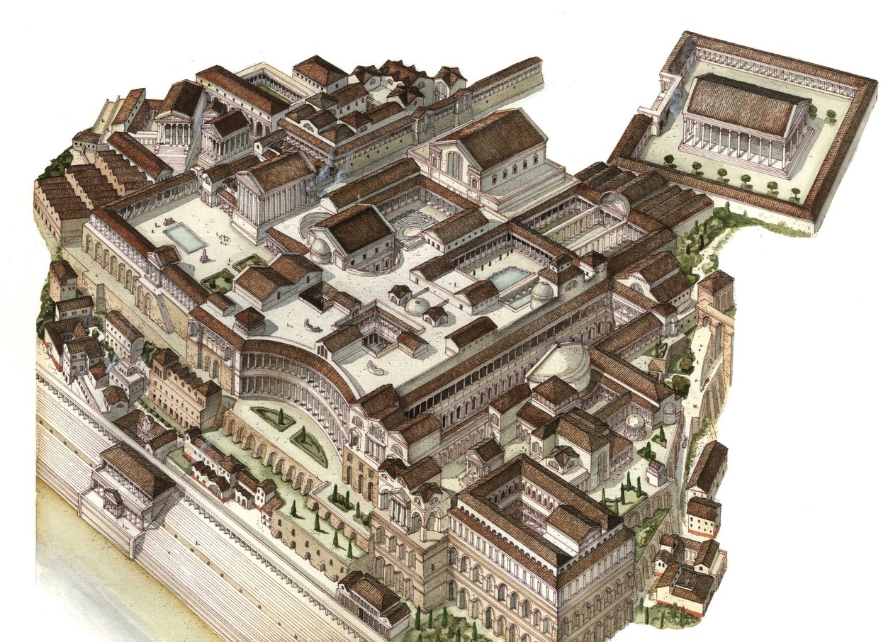 Antigüedad romana: reconstrucción del Monte Palatino (Glue Palatino) en el siglo IV, los sucesivos emperadores (Augusto, Nerón, Séptimo Severo) construyeron sus respectivos palacios. Roma Italia de Giorgio Albertini