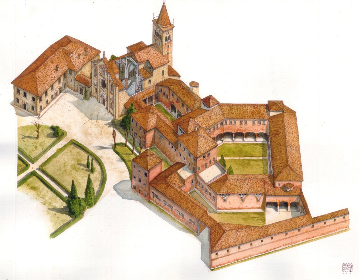 Arte romanogótico: vista aérea de la estructura de la abadía de Viboldone construida entre 1176 y 1348 en San Giuliano Milanese, cerca de Milán, Italia Ilustración de Giorgio Albertini. (La utilización de las obras de este autor no está sujeta a una solici de Giorgio Albertini
