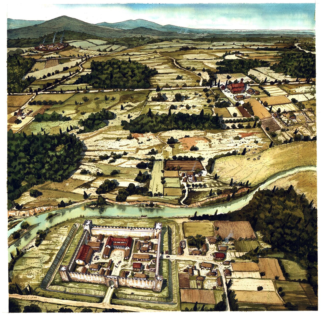 Vista de un paisaje típico de la Alta Edad Media, con fortaleza en primer plano, Francia. Siglos VI-XI de Giorgio Albertini