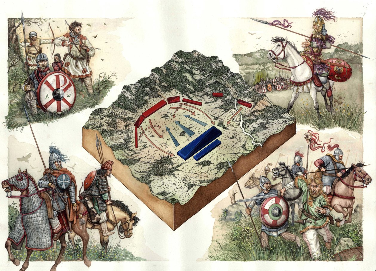 Guerra de los Godos (535-553) entre bizantinos y ostrogodos: la batalla de Taginae en julio de 552, que permitió a los bizantinos de Justiniano marchar sobre Roma desde Rávena. de Giorgio Albertini