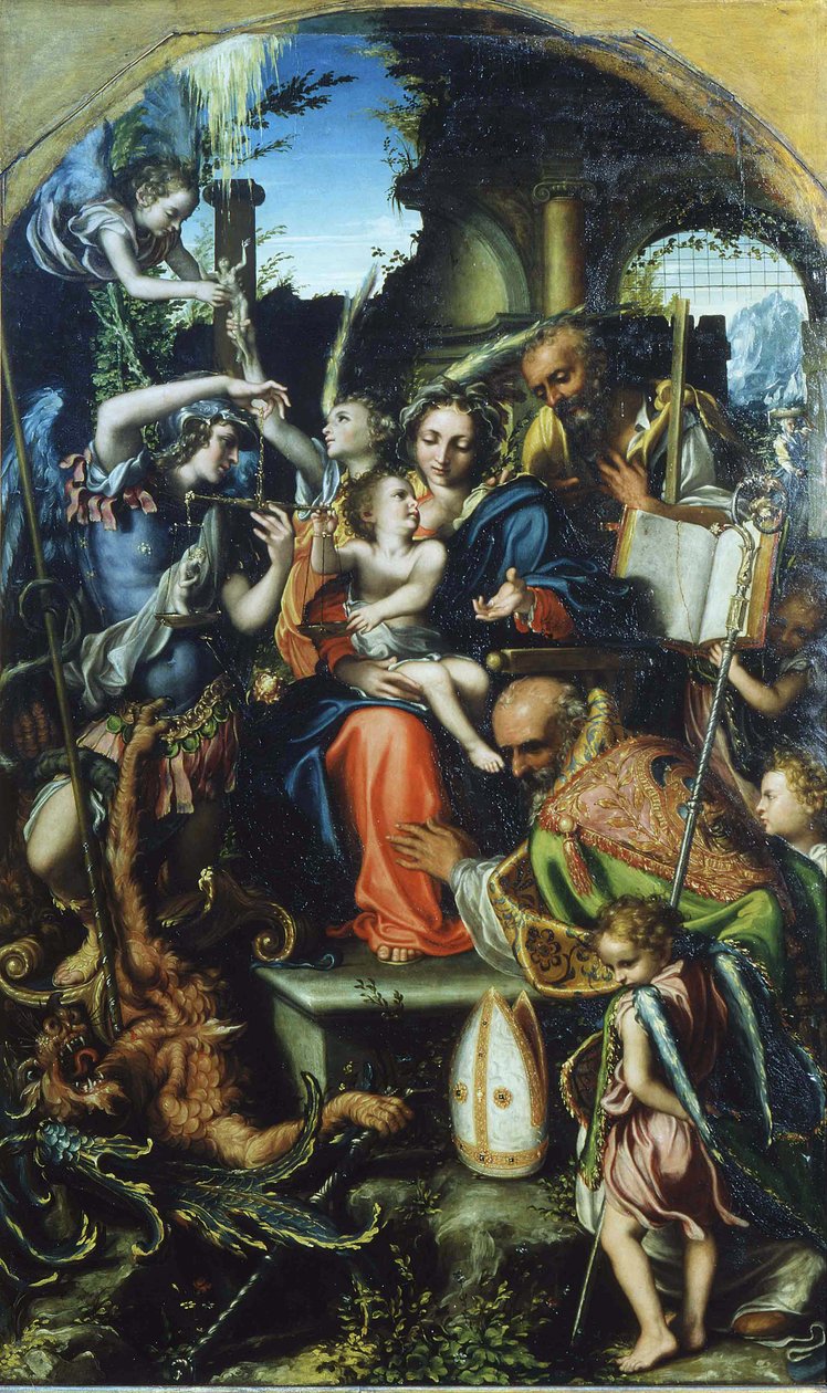 Sagrada Familia con San Miguel Arcángel y el Diablo Contendiendo por las Almas, San Bernhard de Giorgio Gandini del Grano