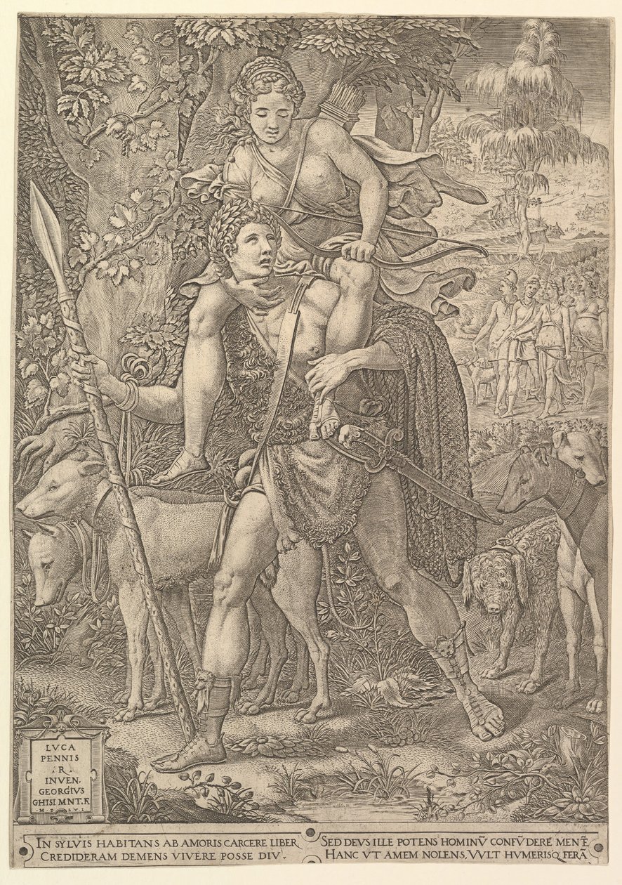 Alegoría de la Caza, un cazador sosteniendo una gran lanza llevando a una mujer Diana en sus hombros, 1556 de Giorgio Ghisi