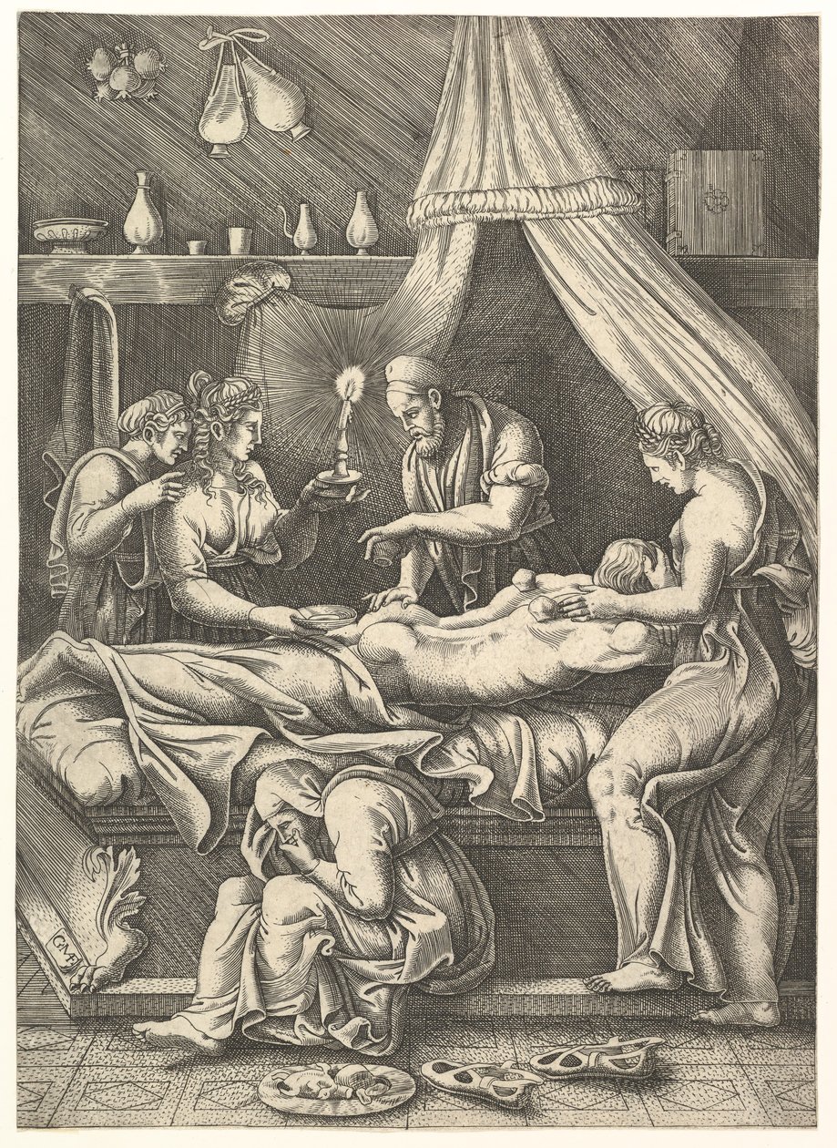 Una alegoría de la enfermedad, hombre postrado en una cama rodeado de figuras, ca. 1540 de Giorgio Ghisi