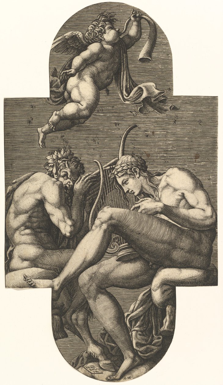 Apolo, Pan y un putto soplando un cuerno, de una serie de ocho composiciones después de France..., 1560s de Giorgio Ghisi