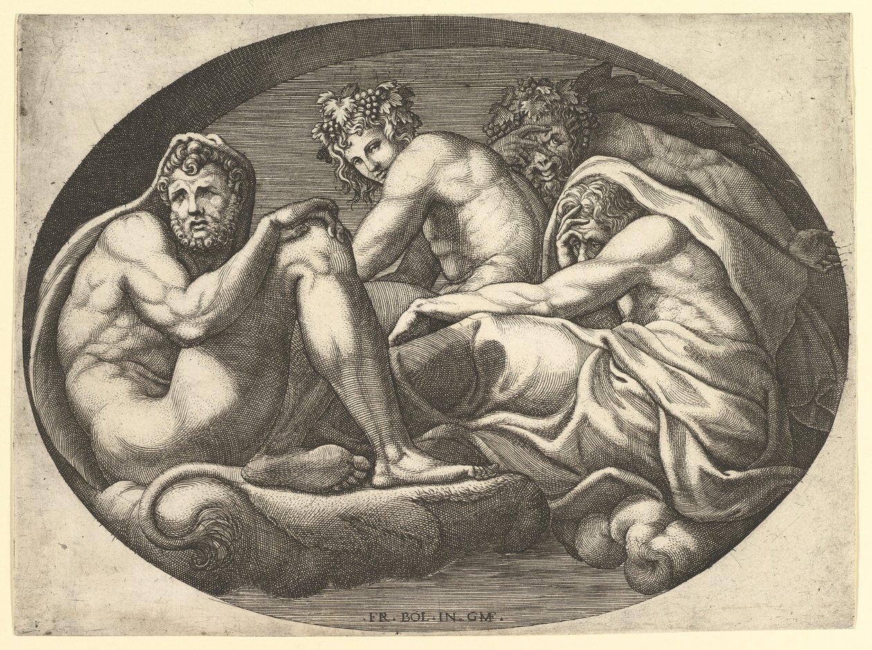 Hércules, Baco, Pan y Saturno, de una serie de ocho composiciones después de Francesco P..., 1560s de Giorgio Ghisi